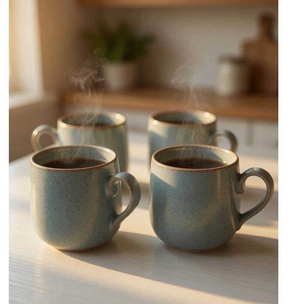 Kasuga Showa Japan Stoneware Mugs Set of 4 Light Blue Gray Speckled Vintage